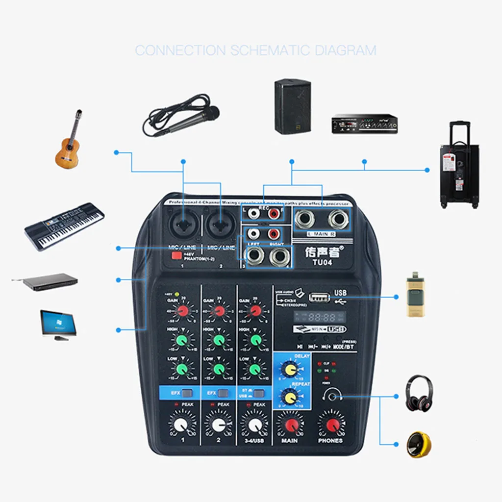 Многоцелевой 4-канальный аудио миксер USB микшерная консоль DJ звуковая карта 48В