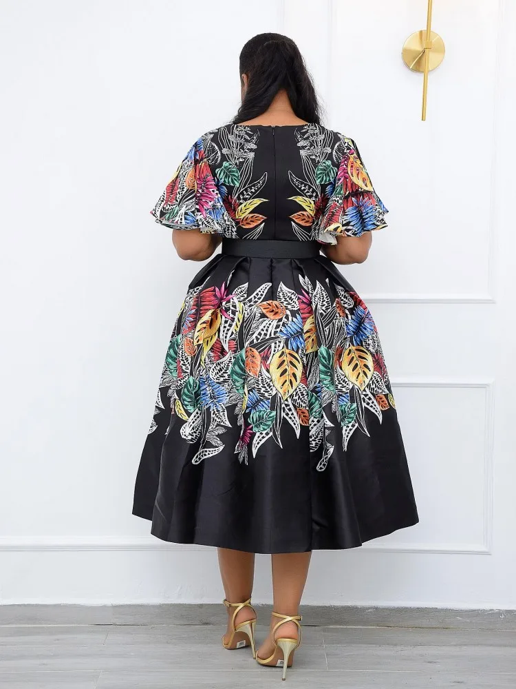 

African Women's Fashion Dashiki Floral Print Dress V-Neck Short Sleeve African Clothing Ankara Dress 2021 New Style (No Belt)