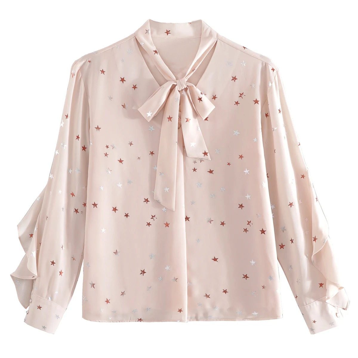 

Женская шифоновая блузка с длинным рукавом, принтом и оборками