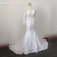shinny lace mermaid wedding dress with long sleeves vestido de noiva illusion buttons back bridal gown new design