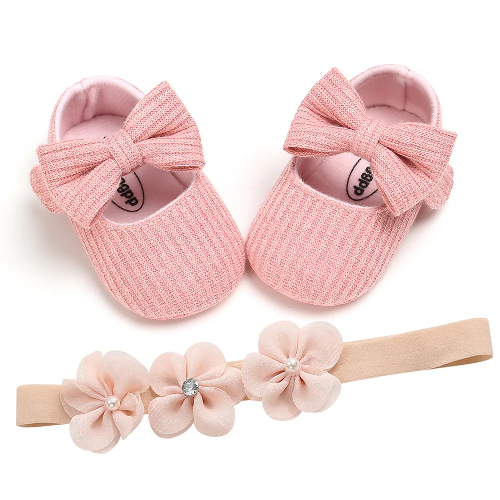 Розовый Emmababy модные милые комплекты одежды из 2 предметов; для детей; детская обувь; детские для девочек, обувь для младенцев Детские Мягкая подошва, с бантом для детей, начинающих ходить Туфли под платье+ повязка на голову - Цвет: Розовый