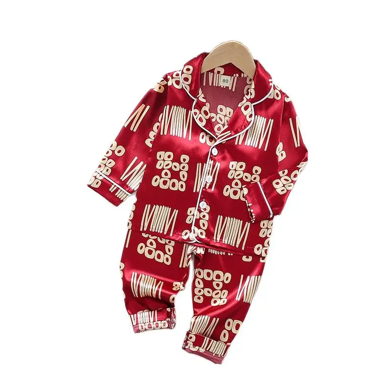 

Boys and Girls Fashion Suit Ice Silk Lapel Single-breasted Red Vertical Strip Printing Long-sleeved Trousers 1-9 Years Old