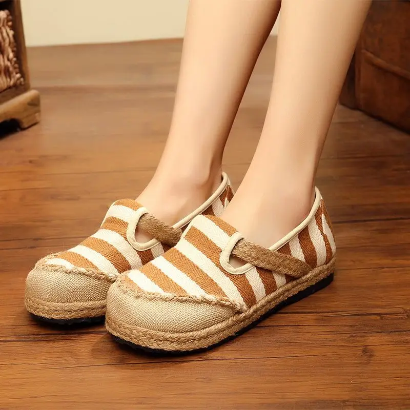 

National Round Toe Casual Women Flats Shoes Slip On Striped Female Shoes Cloth Loafers New Spring Shoes Woman XKD8025
