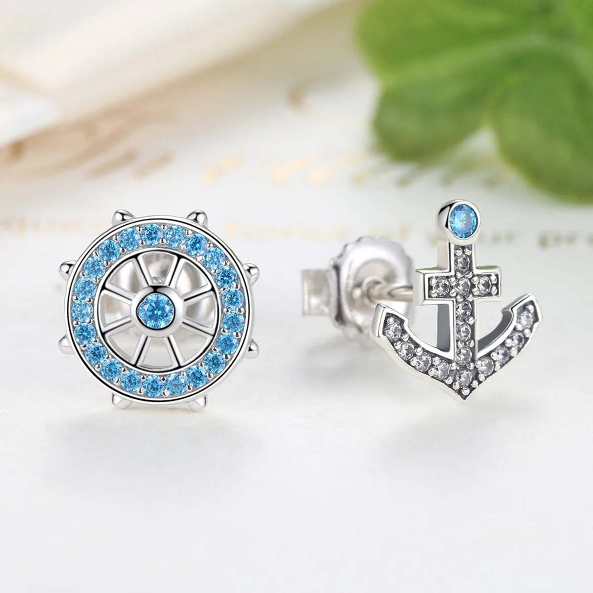 Trynmera 925 Серебряный якорь и руль синие кристаллы серьги-гвоздики для женщин Мода Лодка элемент ювелирных изделий TE082