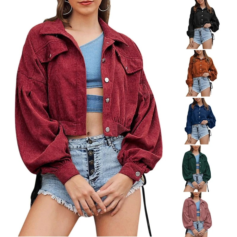 

Women Lantern Sleeve Cropped Jacket Lapel Collar Button Down Velvet Outwear Vintage Oversized Loose Solid Color Coat