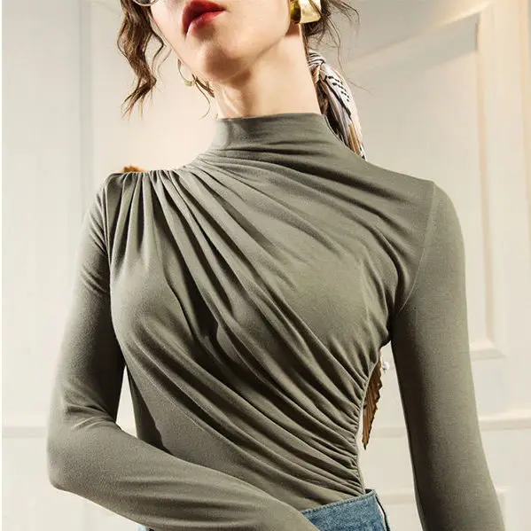 

Women 2021 Spring Autumn New Elegant Long Sleeve Casual Blouse Femme Chic Turtleneck Slim Shirt Tops Feminina Shirt Top A715