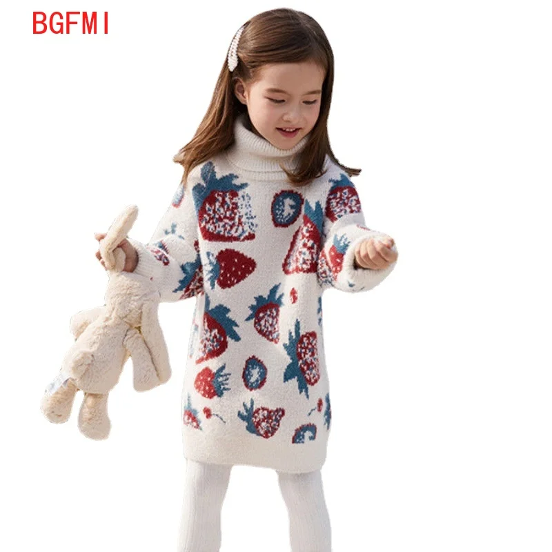 

Teenager Girl Spring Turtleneck Strawberry Sweater Mid-length Thick Winter New Fashion Warm Children's Knitted Bottoming Shirt
