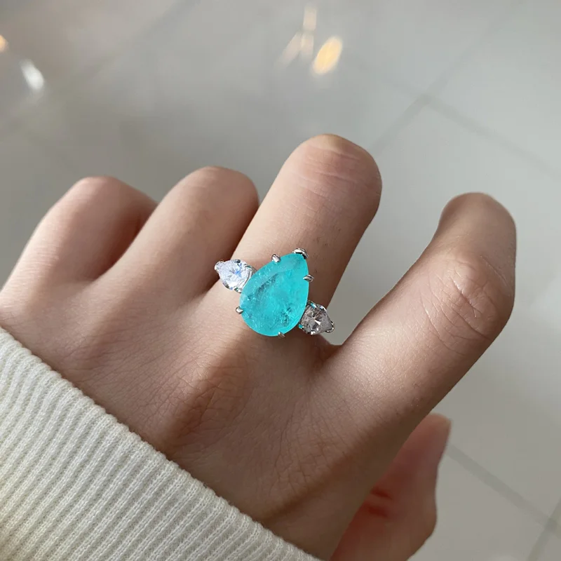 

Knobspin 100% 925 Sterling Silver 2021 Fashion Blue Drop Shape Create Tourmaline High Carbon Diamond For Women Ring Fine Jewelry
