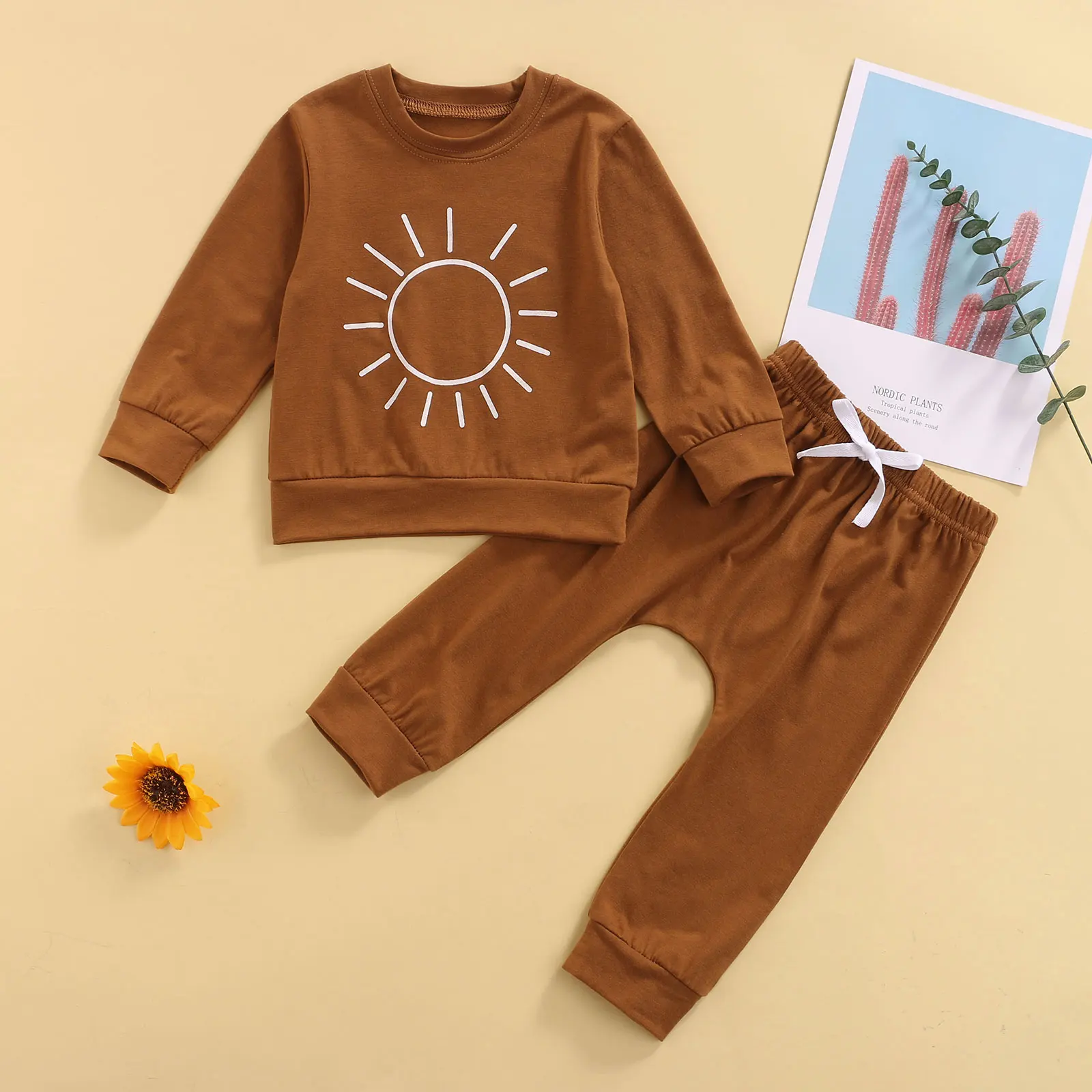 

2Pcs Fall Spring Newborn Boys Casual Outfits Set Boys Sun Print Long Sleeve Round Neck T shirt Trousers Cotton Baby's Sets