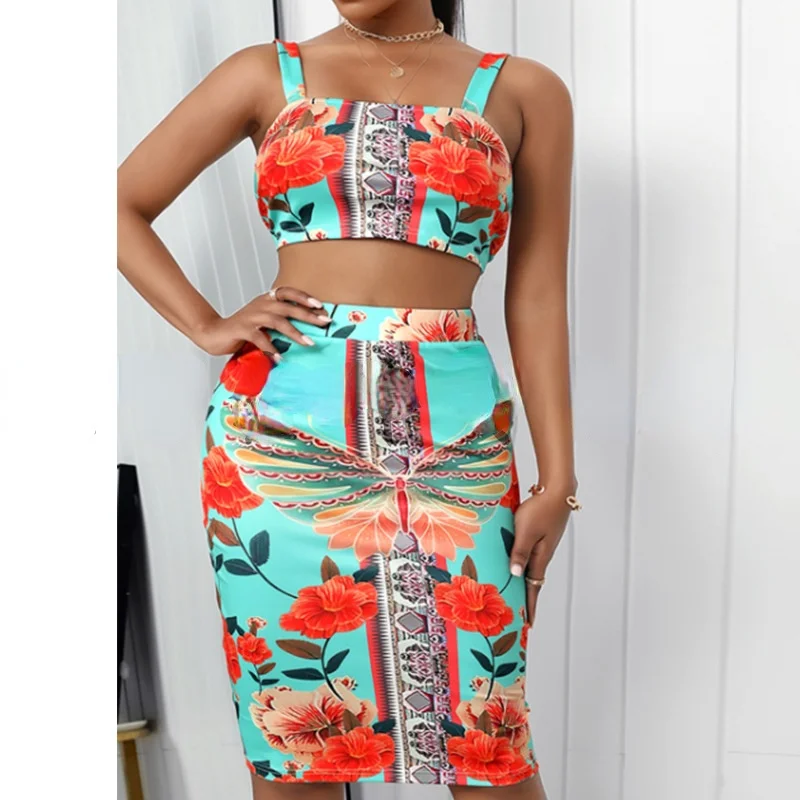 

2021 Spring New Women's Fashion Sexy Printed Suspender Skirt Set