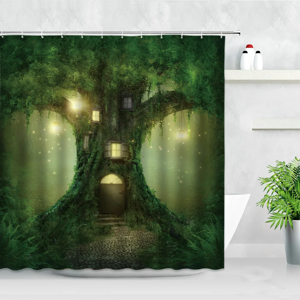 

Занавеска для душа «волшебное дерево», водонепроницаемая декоративная штора в ванную комнату с принтом зеленых растений, Сказочная сказоч...