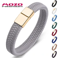 new punk men jewelry gray braided leather bracelet gold stainless steel magnetic clasp fashion women bangles 161
