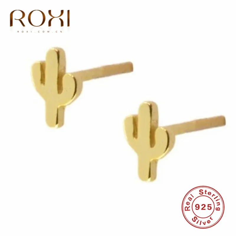 ROXI 925 пробы серебряные серьги-гвоздики для женщин крошечные точки стрелка кактус маленькие серьги в форме листа, в стиле бохо серьги корейские серьги в стиле пирсинга - Окраска металла: Cactus