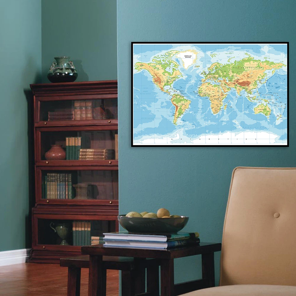 

70*50cm Topography Map of The World Vinyl Canvas Painting Wall Art Poster Children School Supplies Living Room Home Decoration