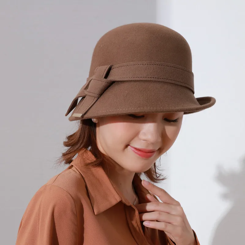 

New Winter Fedora Hats For Women Wide Brim Wool Felt Hat Elegant Black Church Cap Ladies Bucket Bowler Hat Vintage Hats Chapeus