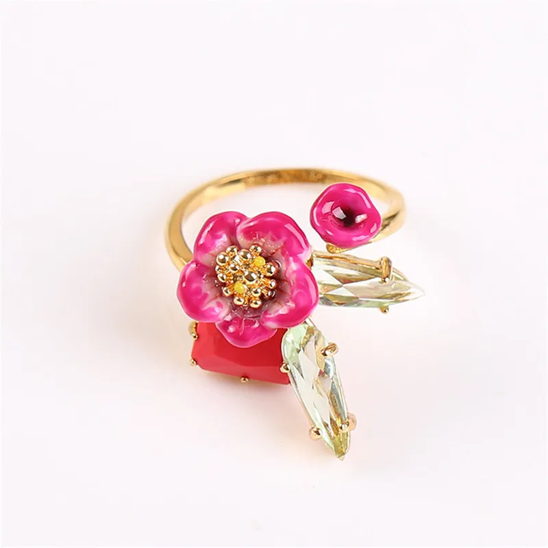 

European and American Rhinestone Morning Glory Open Large Size Ring Enamel Color Glaze Red Horn Flower Adjustable Ring Jewelry