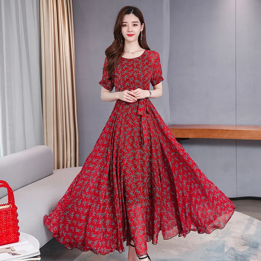 Элегантное красное шифоновое платье миди с принтом в стиле бохо весна лето