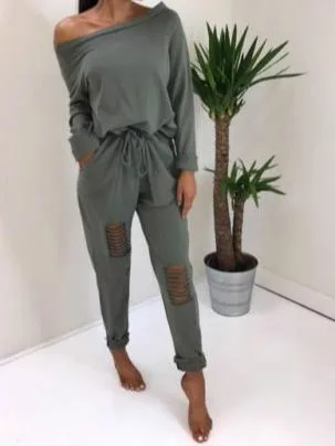 Женский комбинезон с открытыми плечами Осенний пикантный в стиле панк дырками