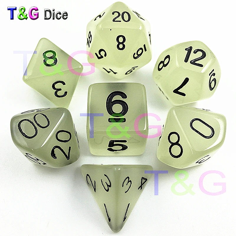 T & G многогранные кости 7 шт./лот Светящиеся в темноте набор D4 6 8 10 10% 12 20 для