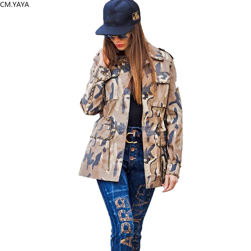 Autumn Winter Women Jackets Fashion Camouflage Print Rivet Coat Street Full Sleeve Jacket Casual Plus Size Fall Outer 19460 | Женская