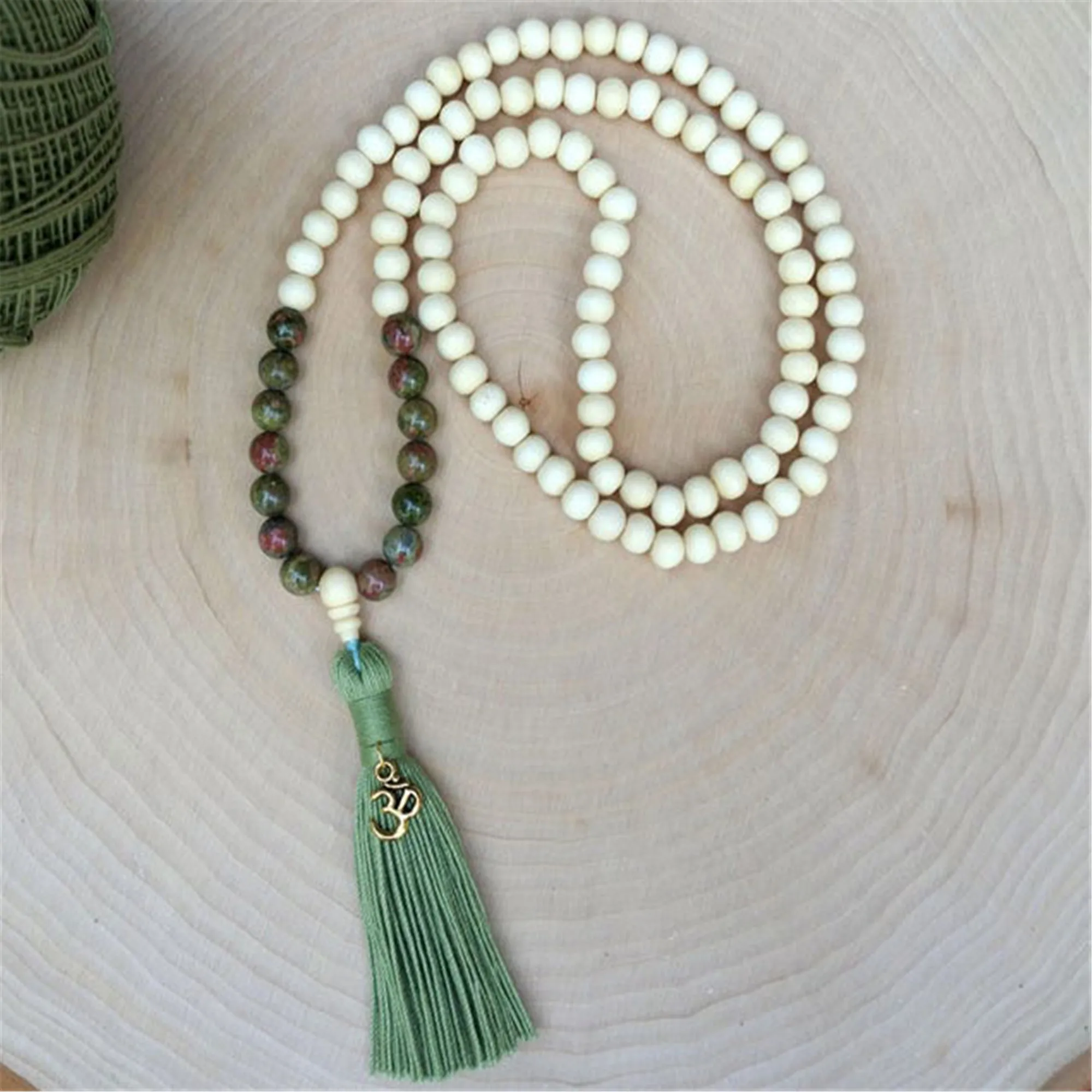 

8mm Natural Unakite 108 Beads Handmade Tassel Necklace Retro Chakra