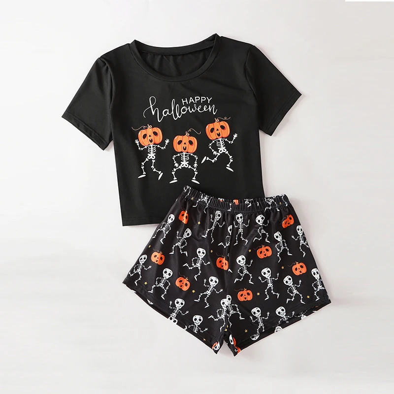 

2020 Casual Halloween Cartoon Pritned Short Sleeve Tshirt Elastic Waist Pajama Set Women Halloween Party Pajamas for Women