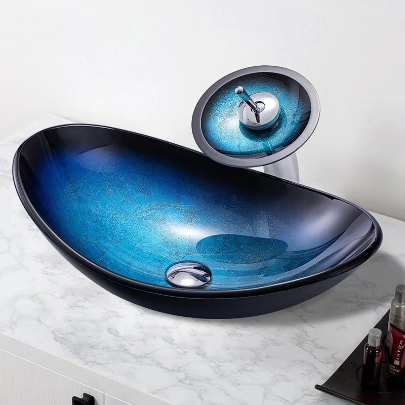 Кран для ванной из закаленного стекла ручная роспись Водопад носик черная