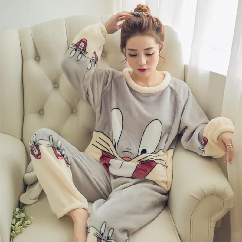 

WWomen pajamas set Lingerie Big Size Flannel Pyjamas Female Cartoon Print Thick Warm Home Clothes Long Sleeve Full Trousers