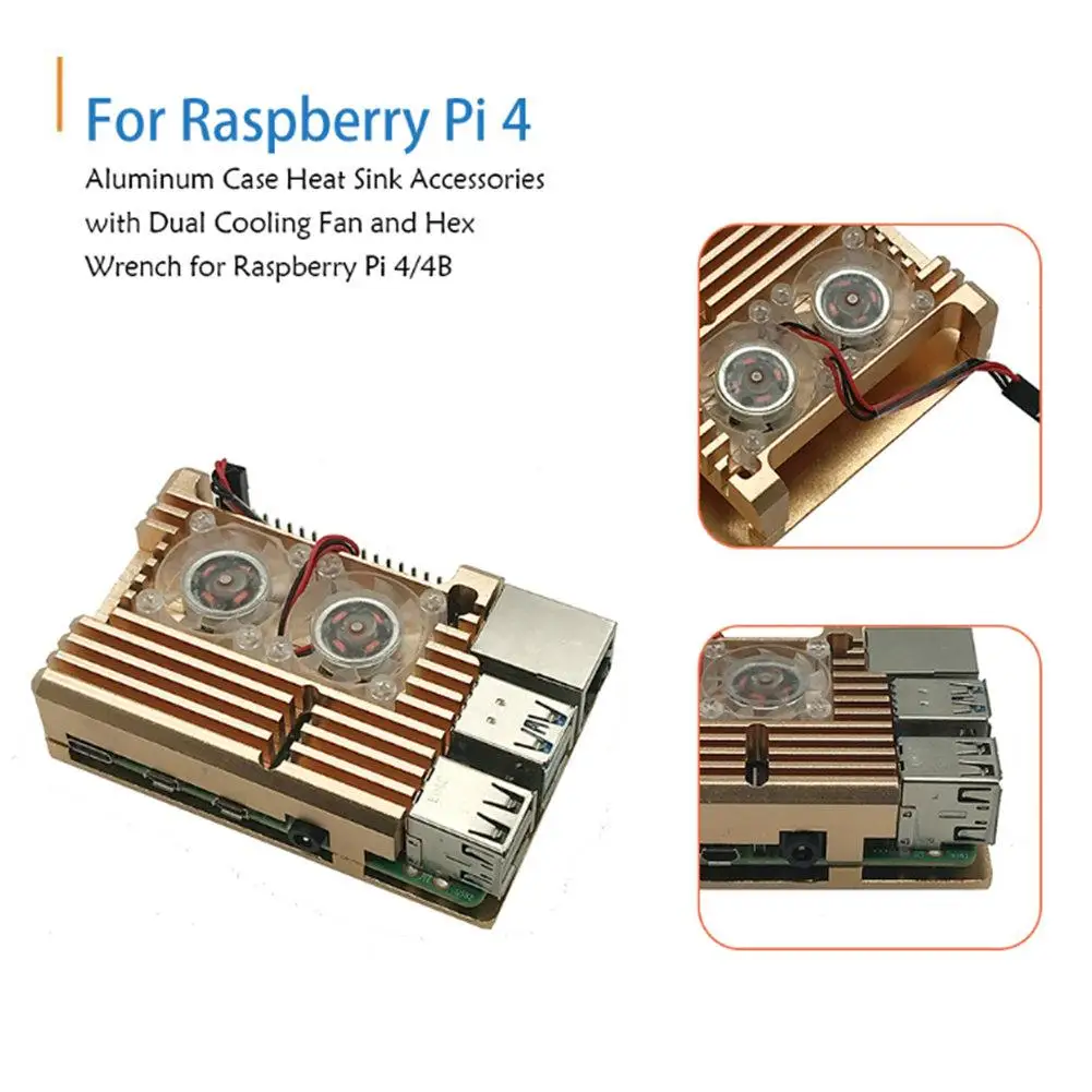 

Алюминиевый Чехол для Raspberry Pi 4/4B, аксессуары для радиатора с двумя вентиляторами охлаждения и шестигранным ключом, тепловой силикагелевый а...