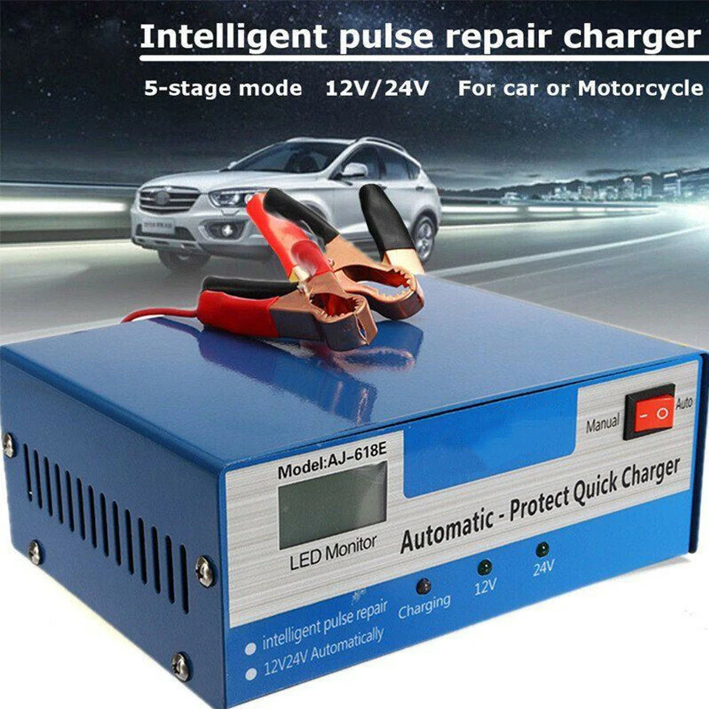 

Hot Sale NEW 1Pcs 12V/24V Automatic Quick Battery Charger Intelligent Pulse Repair Auto Car Truck Storage EU/US Plug Support CSV