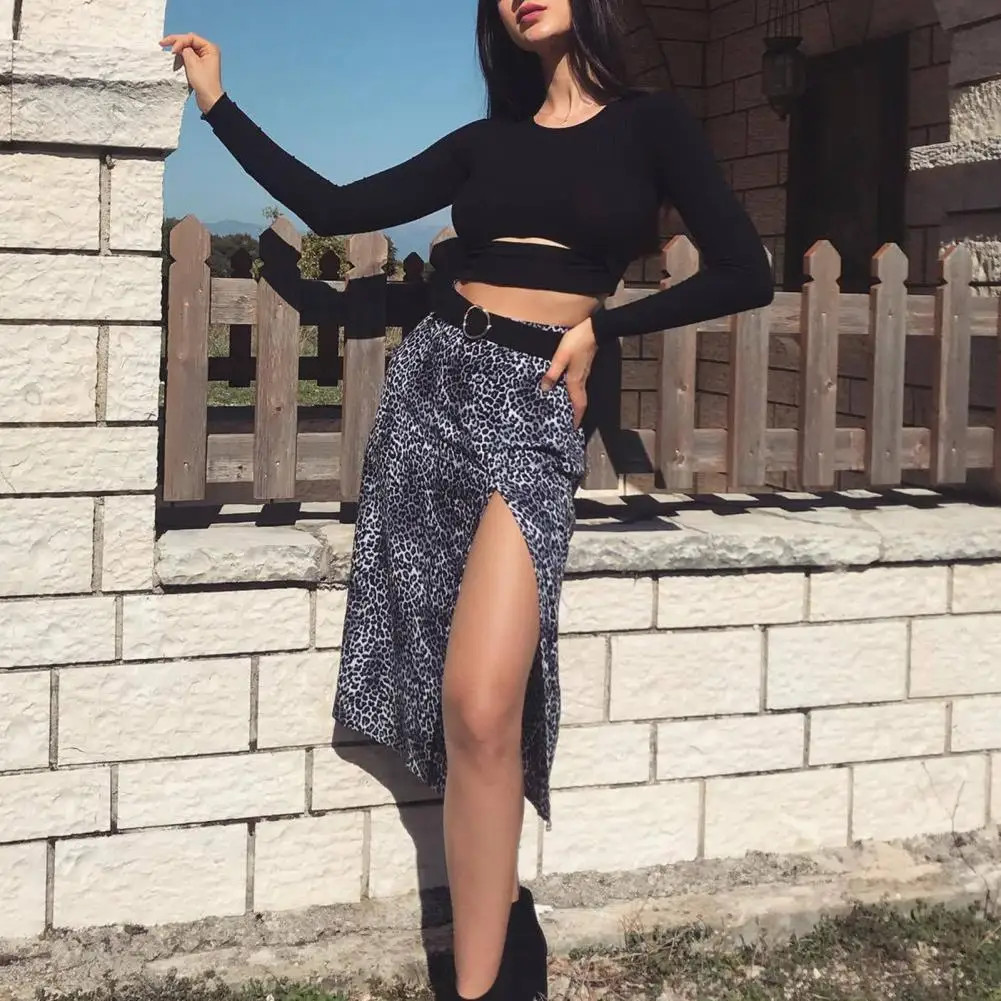 

Summer Skirt Leopard Elastic Sexy Women High Waist A-line Dress for Dating Midi Skirt
