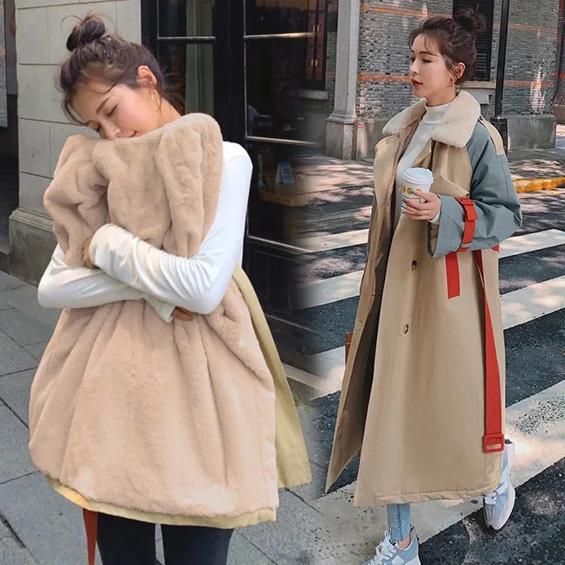 

Chic Women Color Matching Windbreaker Plus Velvet Loose Long Overcoat Trench Coat Parkas Korean Fashion Jackets Casaco Chaquetas