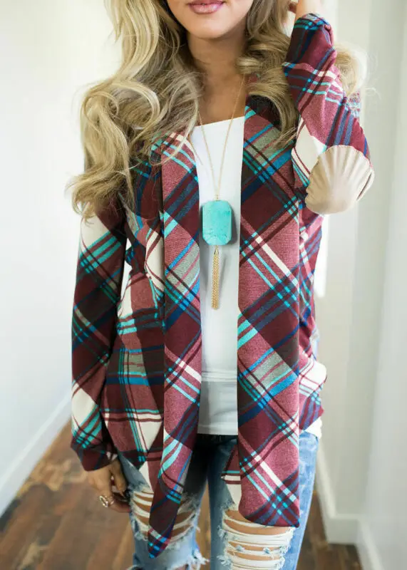 Осенняя женская обувь буйвол красный плед кардиганы с длинным рукавом локтевыми