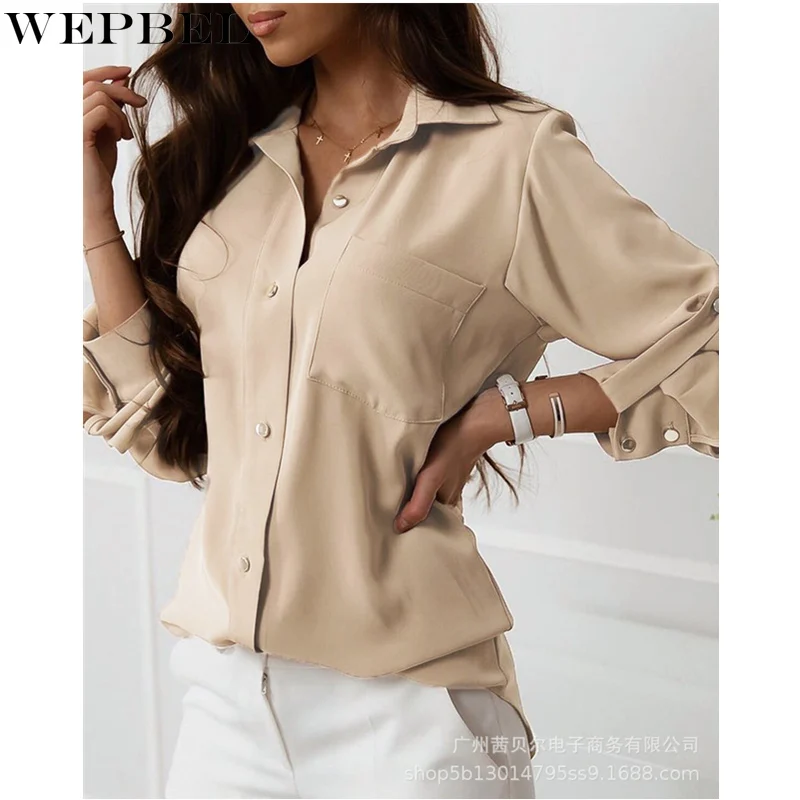

Женская элегантная шифоновая рубашка WEPBEL, Повседневная модная Осенняя футболка с длинным рукавом, отложным воротником и карманами, Топ