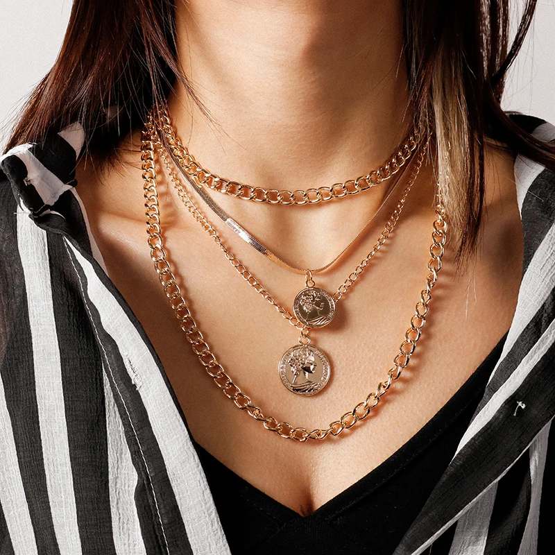 

Punk Metal Multi-Layer Coins Chains Necklaces for Women Vintage Cold Silver Color Portrait Pendant Necklace Fashion Jewelry