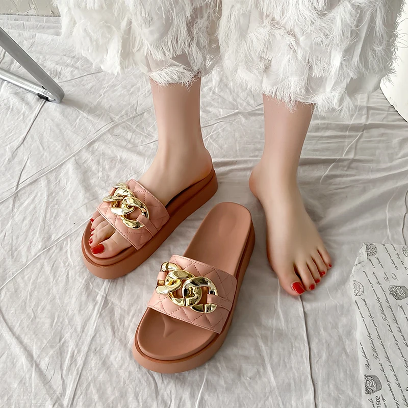 

House Slippers Platform Female Shoes Luxury Slides Med 2021 Summer Designer Flat Rubber Buckle Strap Fabric PU Fashion Shoes Wom