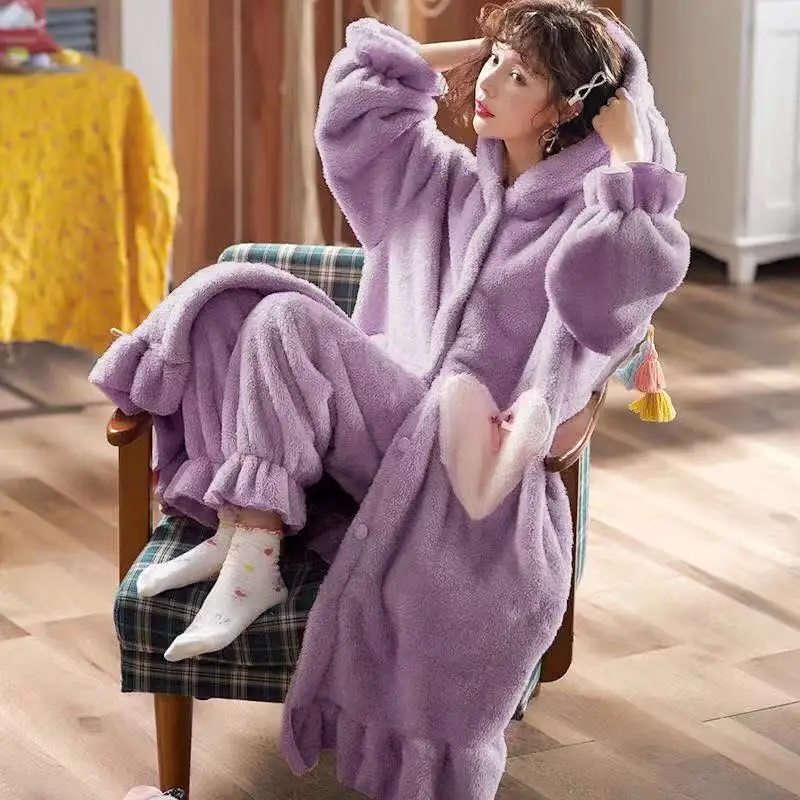 

Flannel Winter Warm Homewear Long Sleeve Hooded Pajamas Set for Women Thick Warm Lovely Bunny Ears Female Pyjamas Sets