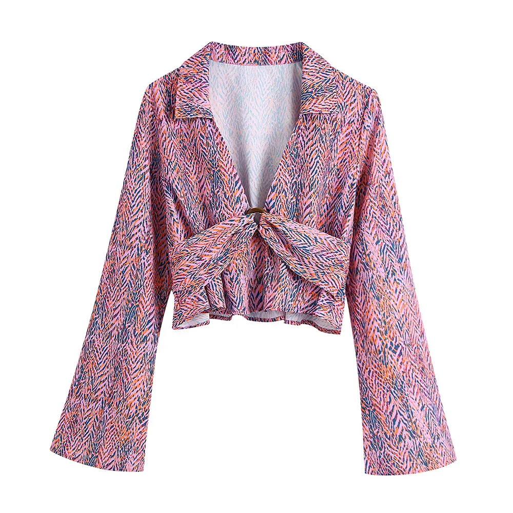 Женская блузка с V-образным вырезом длинным рукавом и принтом | одежда