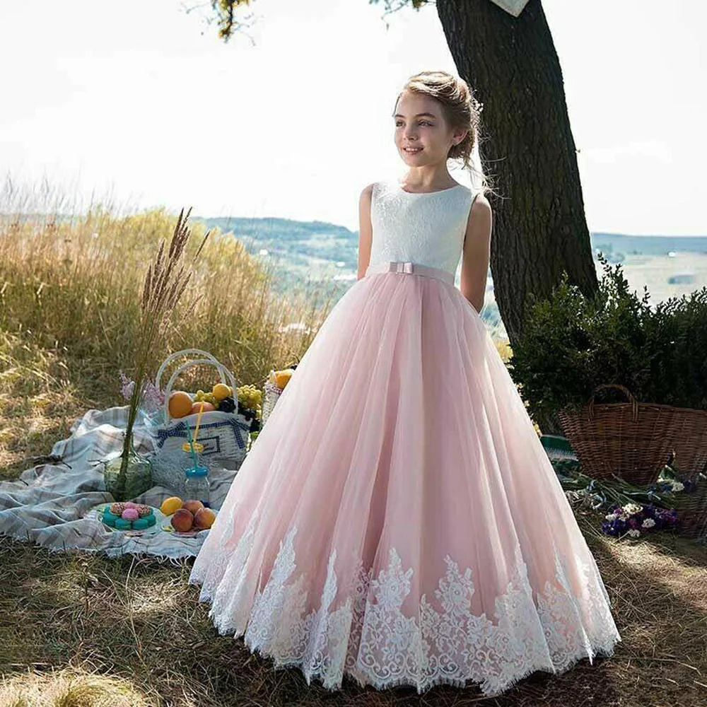 

Pink Flower Girls Dresses For Lace Applique Sleeveless Children Evening Party Gown For Little Girls First Communion Dresses Mlov
