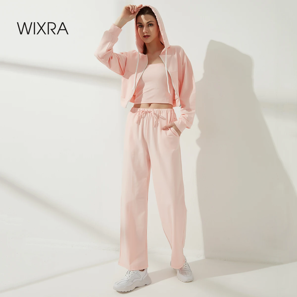 Wixra Womens Stylish Sweatshirts Sets Cotton Street Style Hooded Zip-Up Top+Straight Pants Hot Casual 3 Pcs Suits
