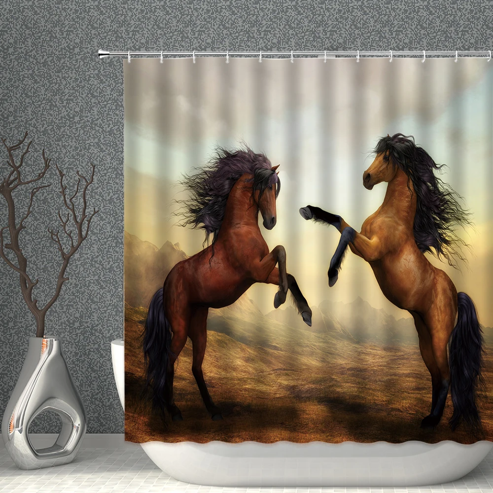 

Horse Pattern Shower Curtain Animal Multicolor Scenery 3D Waterproof Polyester Household Decoration With Hooks Bathroom Screen
