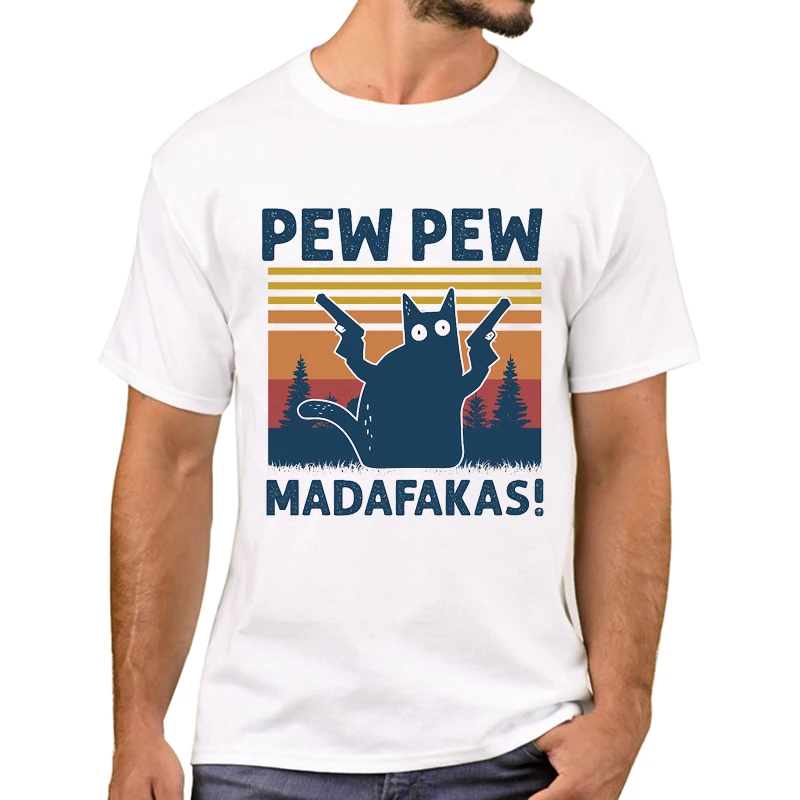TEEHUB Lustige Retro Schwarz Katze Pew Pew Madafakas Männer T-Shirt Hipster Cool Cat Gun Printed T Shirts Kurzarm T-shirts junge T – Detail 4
