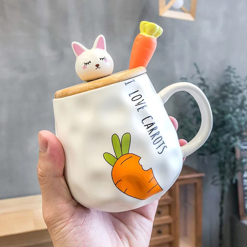 

400ML Korean Cute Cartoon Carrot Rabbit Ceramic Cup Creative Spoon Coffee Cup with Lid Couple Mug Student Milk Breakfast Cup