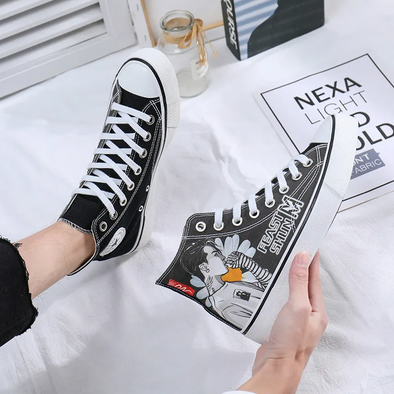 

Fashion Canvas Men Shoes High Top Breathable Soft Cartoon Hand Painted Vulcanized Shoes Youth Easy Matching Zapatillas Hombre