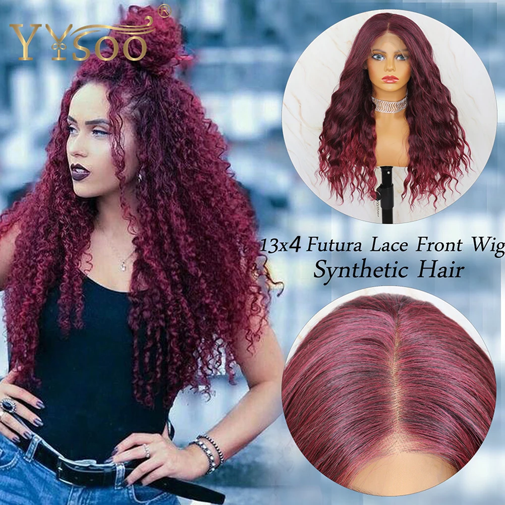 YYsoo 13x4 Long Red Kinky Curly Synthetic Lace Front Wigs for Women Futura Heat Resistant Fiber Loose Wave Highlights Ombre Wig