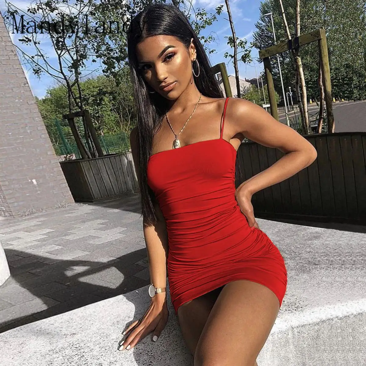 

Mandylandy Summer Fashion Spaghetti Strap Pleated Strapless Mini Dress Women's Sexy Solid Color Sleeveless Slim Dress
