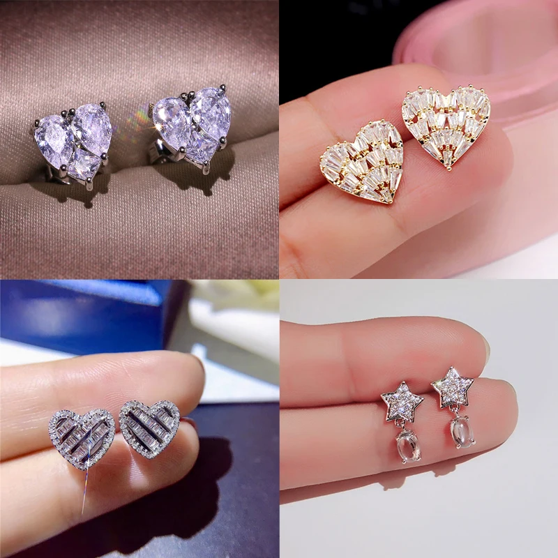 S925 стерлингового серебра Цвет с милым сердечком Bling CZ камень циркон серьги со
