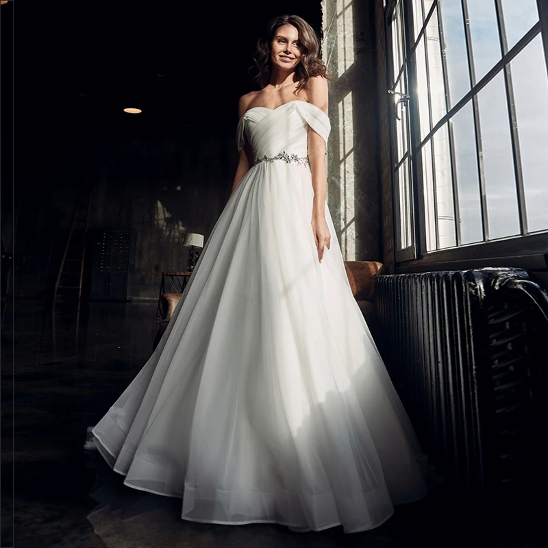 

Weilinsh Elegant Sweetheart Brides Wedding Dress for Women Off the Shoulder Backless A Line Pleat Bridal Gown with Beading Sash