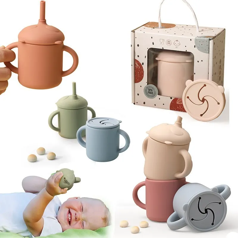 

1 шт., силиконовая кружка, соломенная чашка, семейная панда, без БФА, силиконовая детская бутылочка, чашка для еды, герметичная, для начинающи...