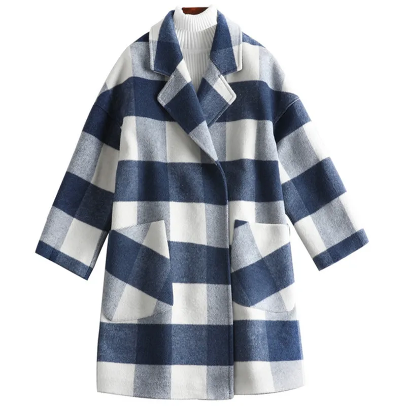 Женское шерстяное пальто осенне зимняя верхняя одежда в клетку средней длины с